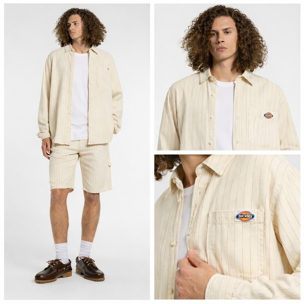 Dickies Hickory Stripe Shirt L NWT Egret Cream Fisherman Prep Gorpcore Utility